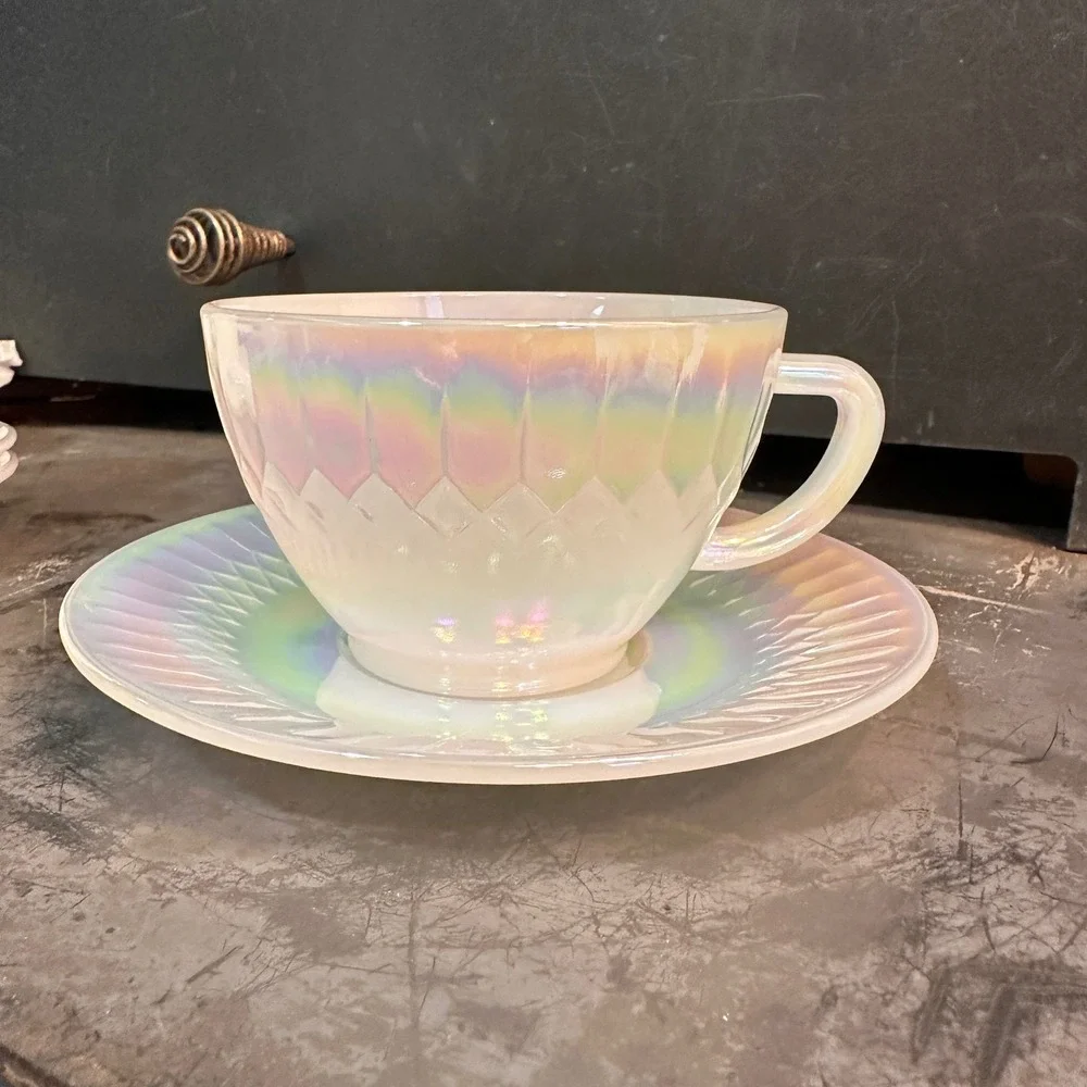 Federal Glass Moonglow Iridescent Tea Cup Saucer Set Vintage 1960s Lustre 6pc